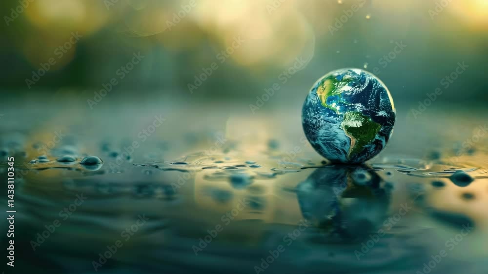A small blue and green ball is sitting on top of a body of water. The water is reflective and the ball is surrounded by ripples. Concept of calm and serenity