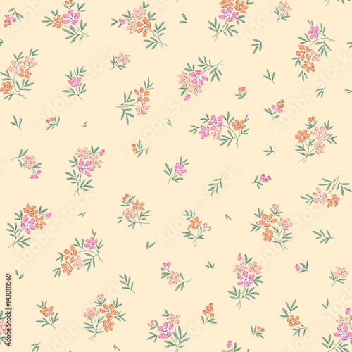Floral pattern. Cute flowers on ivory cream background. Printing with small coral orange and pink flowers. Ditsy print. Seamless vector texture. Spring bouquet. Stock pattern. Vintage template
