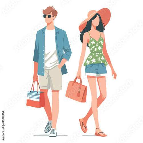 Stylish Couple Shopping Vector Art Illustration for Summer Vacation