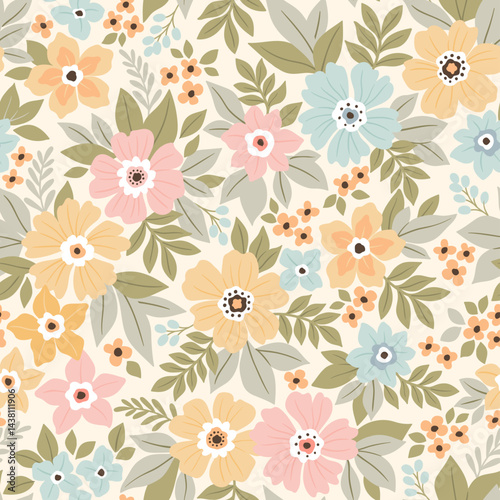 Vintage seamless floral pattern. Liberty style background of small pastel colorful flowers. Small flowers scattered over a white background. Stock vector for printing on surfaces. Easter flowers.