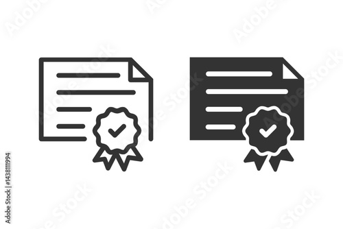 Certificate of achievement or validation icon set. Certificate or document with checked badge, representing validation, achievement, certification, or guarantee
