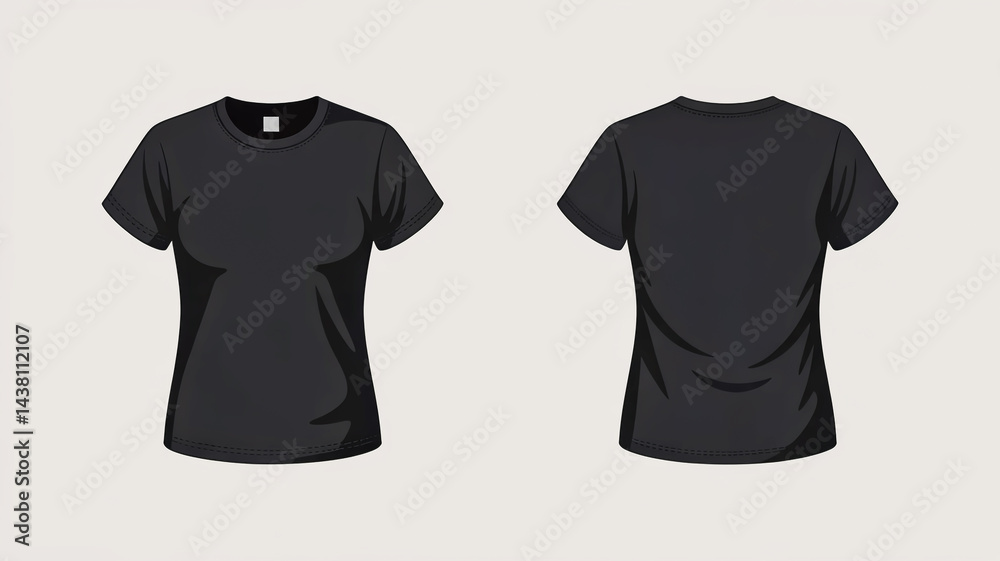 A product photo of a plain black t-shirt shown from two views - front and back - against a white background A product photo of a plain black t-shirt shown from two views - front and back - against a white background