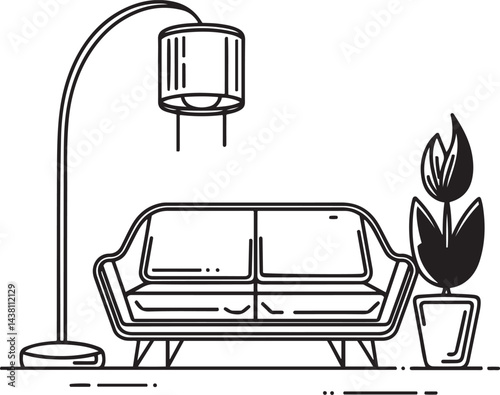 A stylish black and white continuous line art of a modern living room interior featuring a cozy sofa a tall floor lamp and a potted flower arranged beautifully on a white background