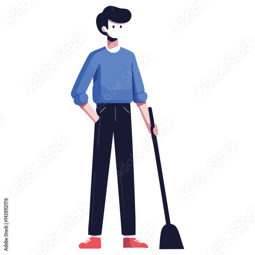 Man sweeping the floor doing housework illustration vector art