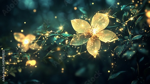Enchanting floral display with luminous glowing magical light dust
