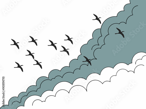 "Minimalist vector artwork of migrating birds forming a V, with abstract clouds and gradient background."

