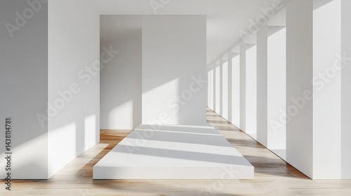 White minimalist interior with platform and columns casting shadows on wooden floorboards indoors