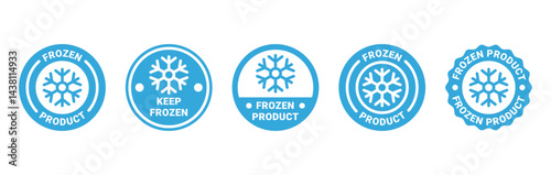 Frozen product label set vector illustration isolated on white background. Snowflake freezer emblem sticker stamp.
