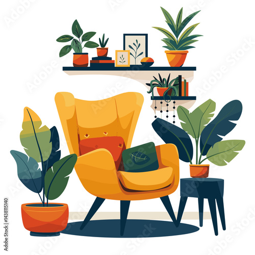 Living room with armchair and plants. Vector illustration in flat style
