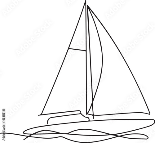 A minimalist black linear design vector illustration of a sailboat with a single mast and triangular sail, sailing through calm waters in a continuous line art style