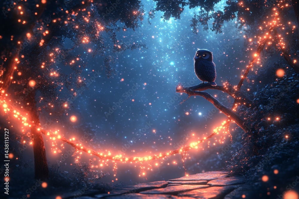 Naklejka premium Owl perched on branch, enchanted forest, night lights