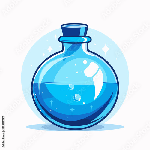 Cartoon vector illustration of a blue magic potion bottle with a yolk inside.