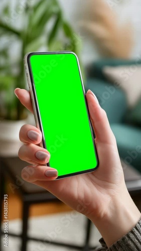 Wallpaper Mural Female hand holding a smartphone with green screen in home, chroma key phone video Torontodigital.ca