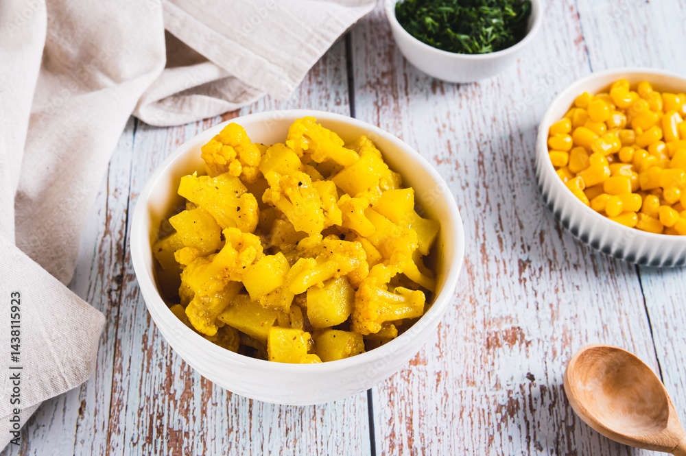Appetizing stewed cauliflower with potatoes in a bowl on the table