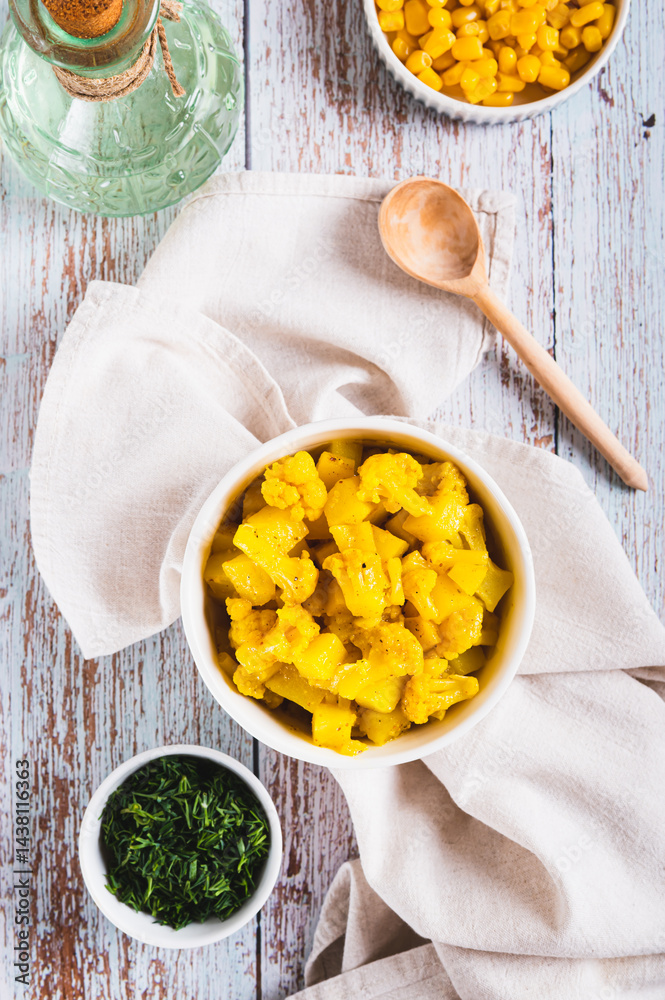 Appetizing stewed cauliflower with potatoes in a bowl top and vertical view