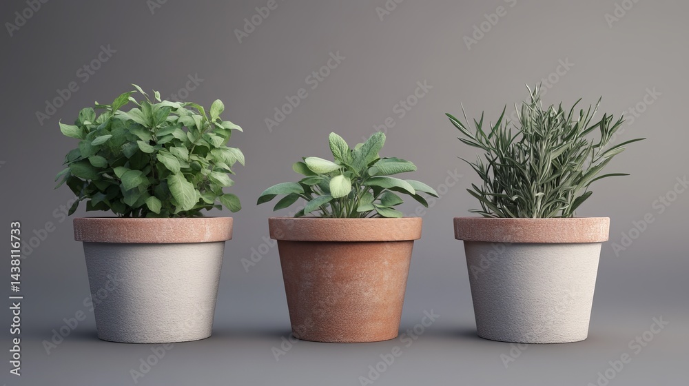 Fototapeta premium Three Aromatic Herb Plants in Terracotta Pots Sage Rosemary and Mint Kitchen Garden Greenery Home Decor Natural Plants Potted Herbs Indoor Gardening 