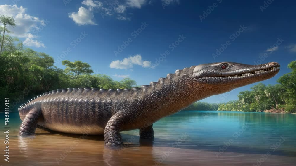 Ancient reptile basking by the river under a clear blue sky in a lush tropical environment