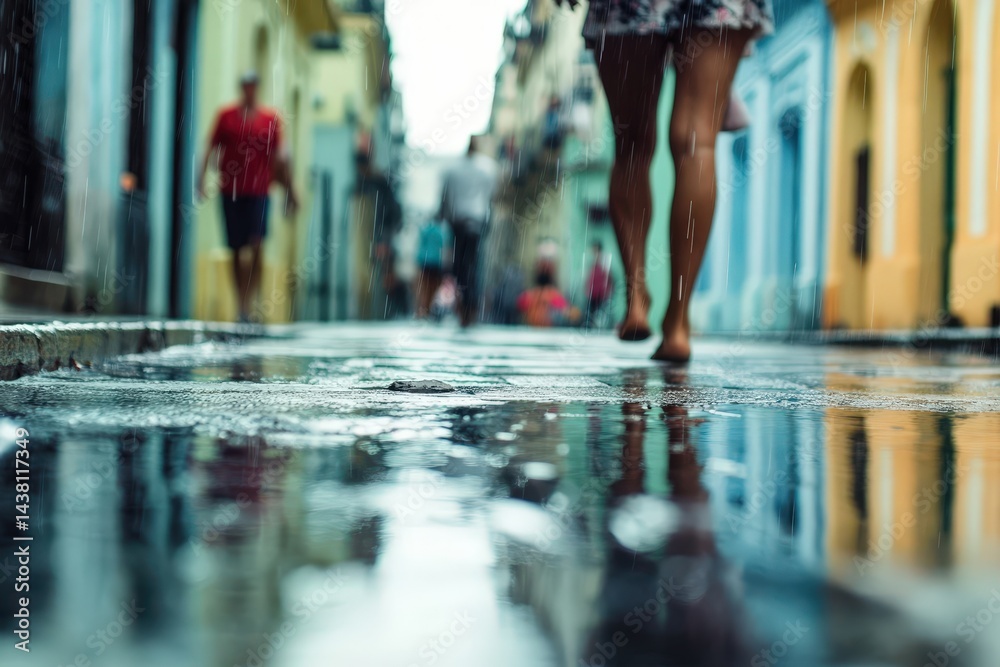 Fototapeta premium Rainy Havana street with vibrant reflections and pedestrians