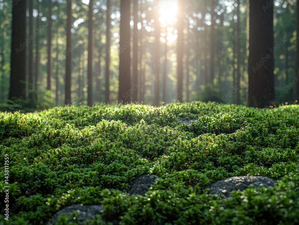Fototapeta premium Lush mossy forest floor bathed in sunlight