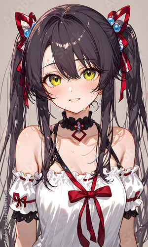 黒髪ツインテ少女が赤リボンワンピース姿で微笑む