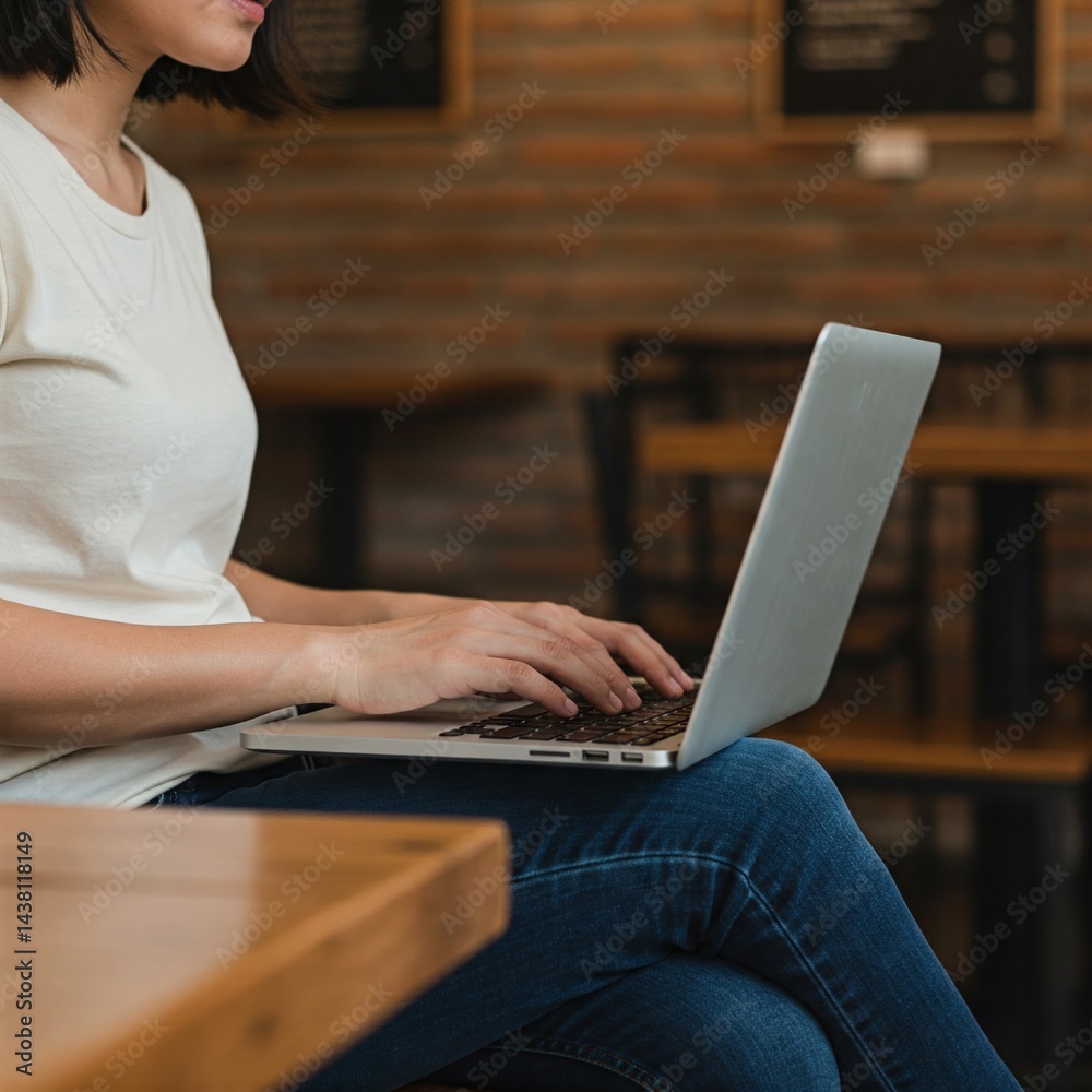 Naklejka premium A candid, well-lit photo showcasing a young person using a laptop in a modern cafe setting with a warm, inviting atmosphere.