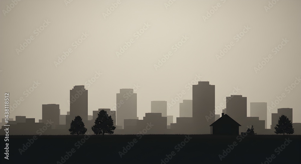 Fototapeta premium Stylized Cityscape Silhouette Monochromatic Urban Skyline Illustration