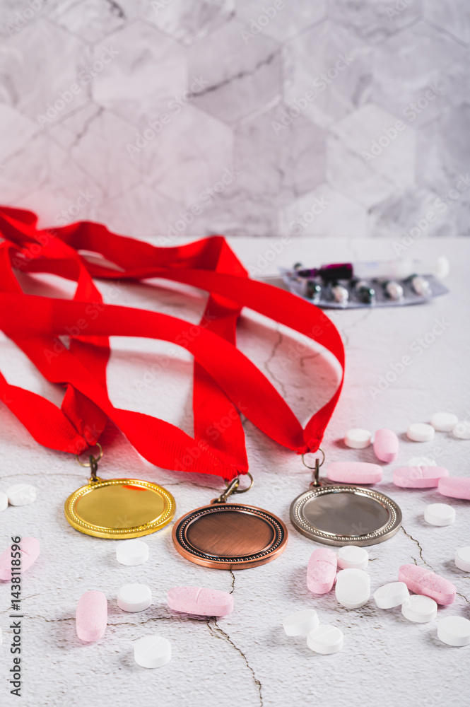 Concept of doping in sports, medals, pills and syringe on the table vertical view