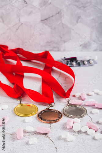 Obraz na płótnie Concept of doping in sports, medals, pills and syringe on the table vertical view w salonie