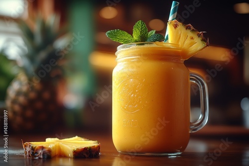 Pineapple smoothie in mason jar, cafe background photo