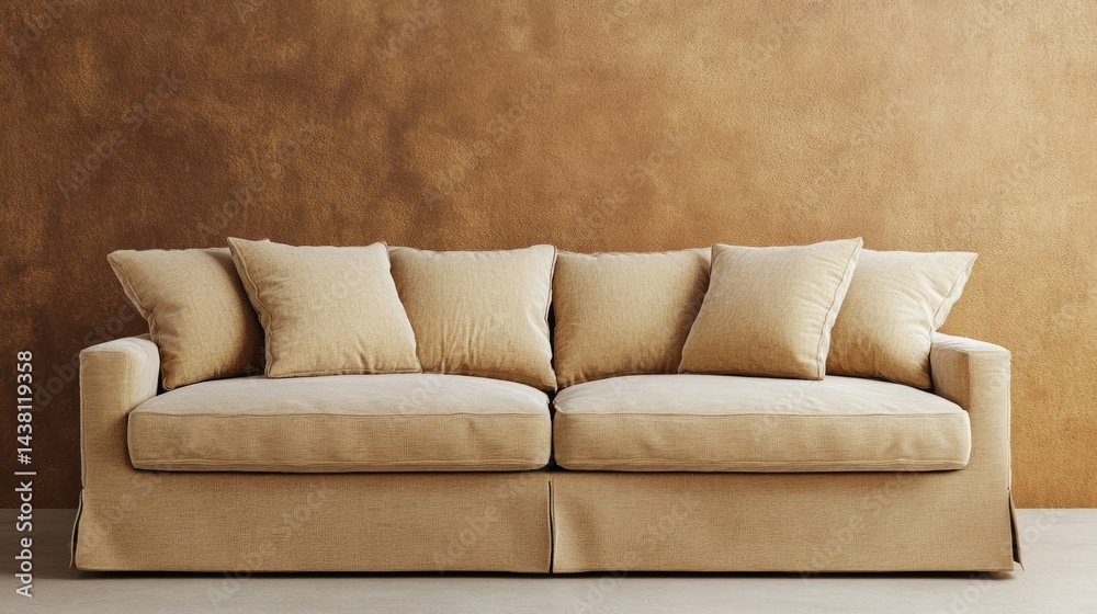 Fototapeta premium This image shows a luxurious fabric-covered sectional sofa placed against a brown wall. The sofa is adorned with multiple plush cushions, showcasing its comfortable and inviting design. The upholstery