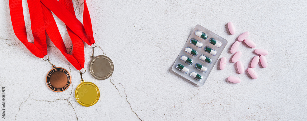 Pill and injections for doping athletes on a light background top view web banner