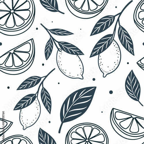 Simple hand drawn lemons wedges and leaves