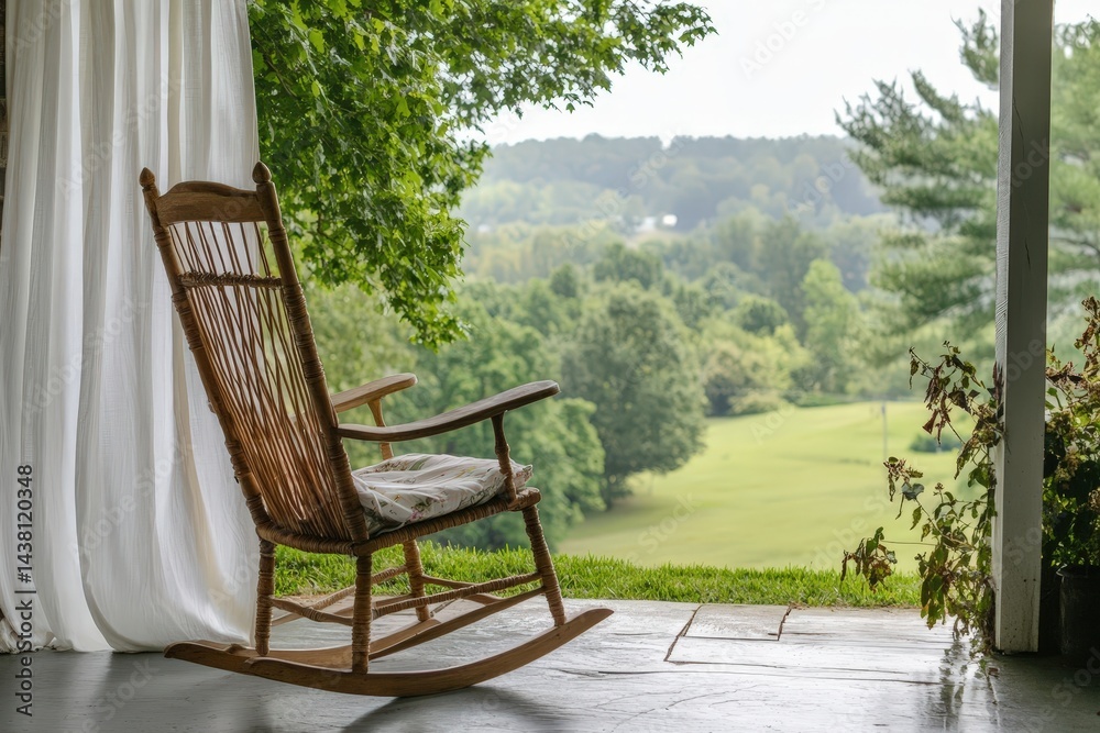 Cane rocking chair on porch overlooking tranquil valley Cane rocking chair on porch overlooking tranquil valley