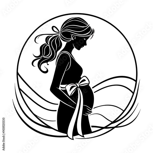 Elegant silhouette of a pregnant woman with ribbon around her belly vector illustration