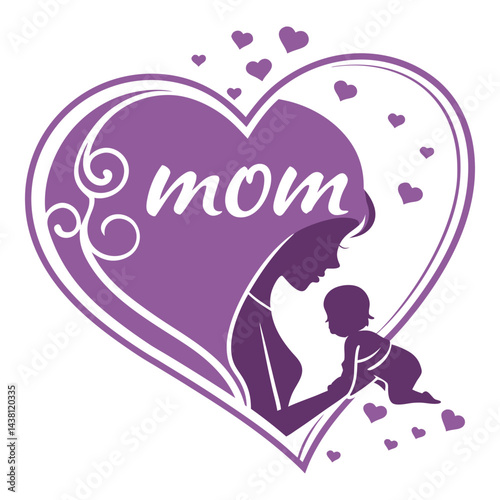 Elegant silhouette illustration of a mother holding her baby in a heart shape