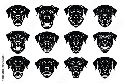Labrador Dog Heads Set Black And White Vector Collection Bundle