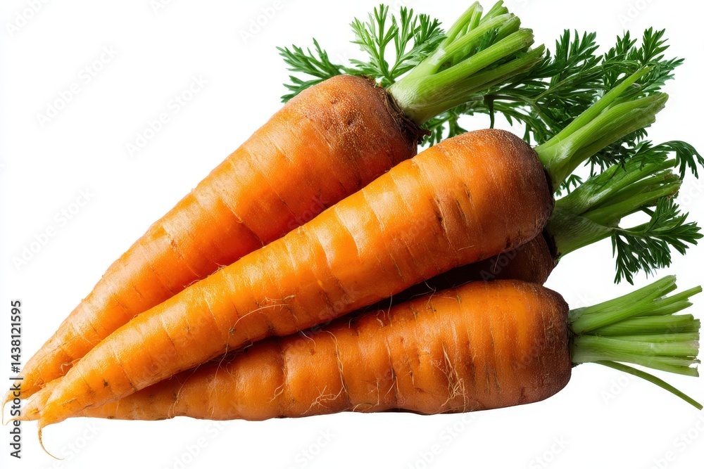 Fresh orange carrots with green leafy tops placed diagonally on white background highlighting raw root vegetables and vibrant clean farm produce Fresh orange carrots with green leafy tops placed diagonally on white background highlighting raw root vegetables and vibrant clean farm produce