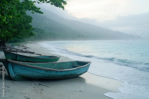 Fototapeta Naklejka Na Ścianę i Meble -  Fishing boats resting at dawn on tranquil Caribbean beach
