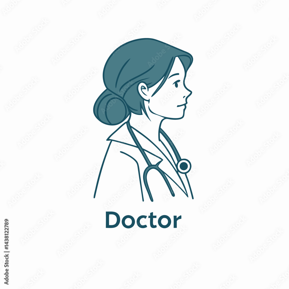 Young Doctor Woman Side View Outline Style, Medical Coat & Stethoscope, Elegant Bun Hair Young Doctor Woman Side View Outline Style, Medical Coat & Stethoscope, Elegant Bun Hair