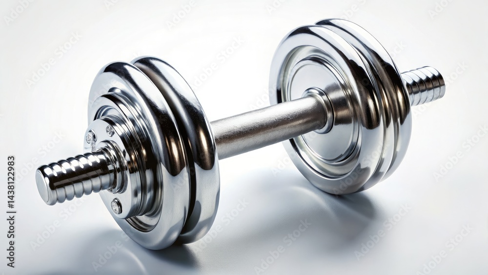 Fototapeta premium Silver Dumbbell Top View, High-Resolution Fitness Weight Image, Gym Equipment Photo, White Background Stock Photo