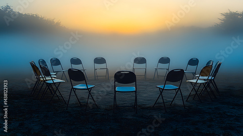 Empty chairs in a circle at dawn nature scene early morning haze reflective atmosphere