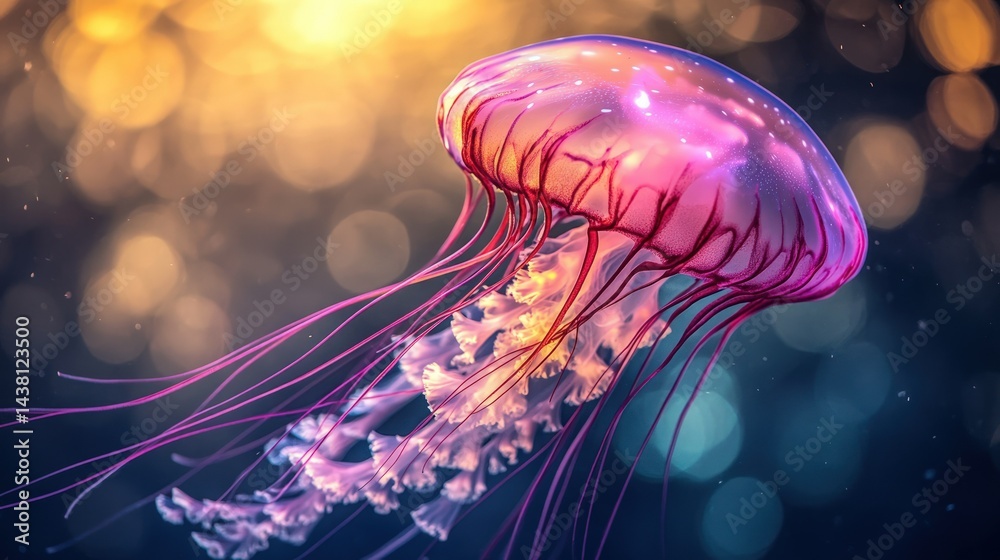 Luminescent jellyfish dances in a sea of bokeh pulsating with vibrant pink and purple hues Luminescent jellyfish dances in a sea of bokeh pulsating with vibrant pink and purple hues