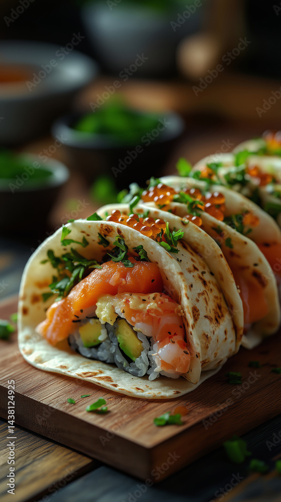 Interesting sushi taco fusion served on a wooden platter Interesting sushi taco fusion served on a wooden platter
