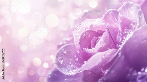 High-resolution image of a delicate purple rose with droplets of water, set against a soft focus background that appears to be a stylized bokeh effect, creating an artistic and ethereal mood.