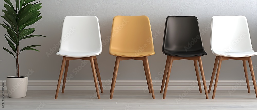 Fototapeta premium Four chairs in a row, with a plant in a pot, against a plain wall