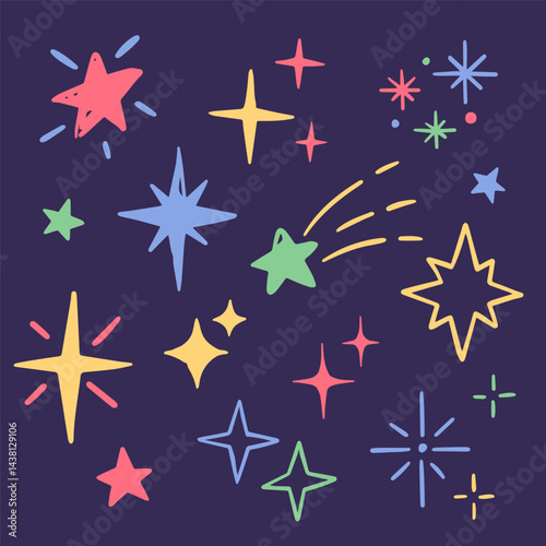 Doodle sparkles, set of magic shiny stars drawings