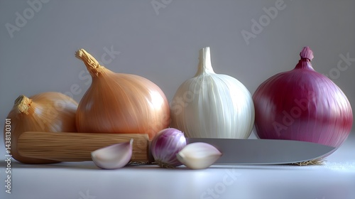 Assorted Onions and Garlic with Kitchen Knife on White Surface