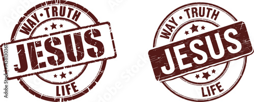Distressed Red Rubber Stamp Vector Set – JESUS Center Text with Circular WAY TRUTH LIFE Words – Realistic Worn Ink Effect, Grunge Style, Religious Faith Emblem, Transparent Background