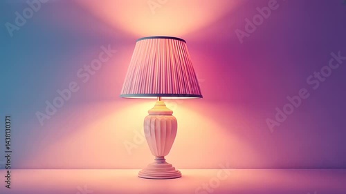 Elegant lamp with a pleated shade casting soft light in a serene, modern interior setting