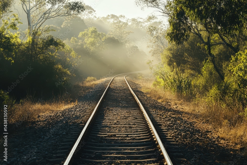 Obraz premium Empty train track through sunlit dry bushland midday